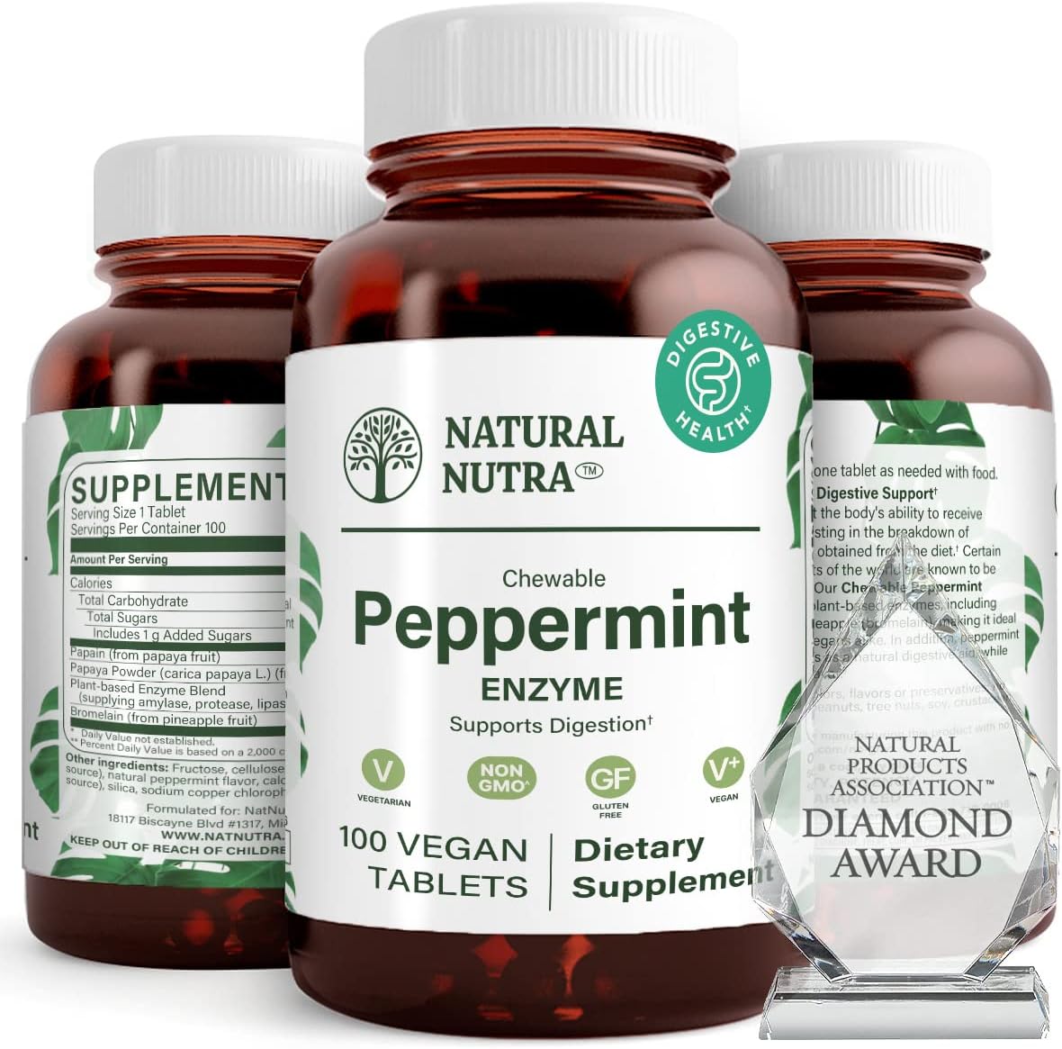 Natural Nutra Chewable Peppermint Digestive Enzyme Supplement, Stomach Calmness, Papaya (Papain), Vegan and Vegetarian, 100 Tablets