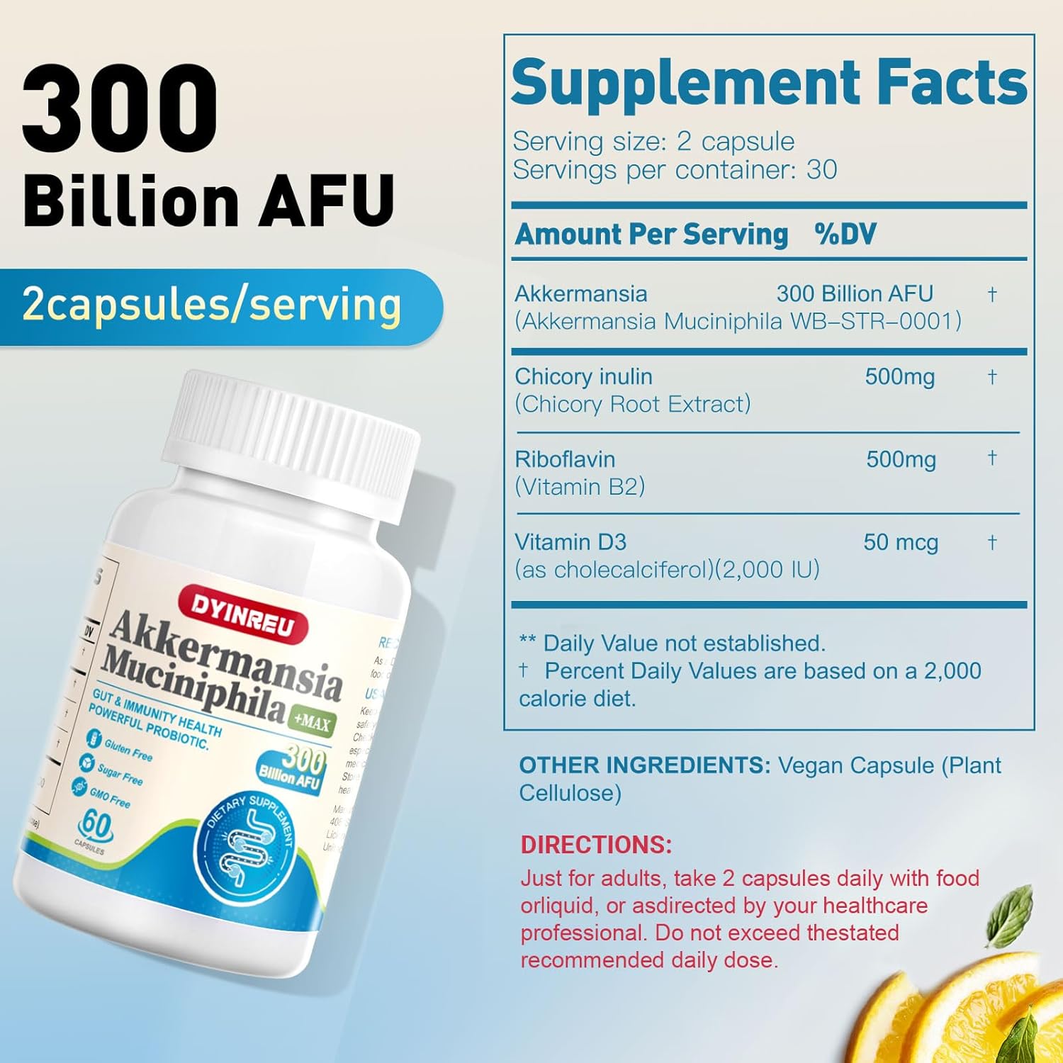 Akkermansia Muciniphila 300 Billion Afu,Increases Glp-1, Probiotics For Digestive, Gut, Immune & Overall Health,Enhances Gut Digestive Lining Function, A Live Probioticsfor Women Men,60 Capsules
