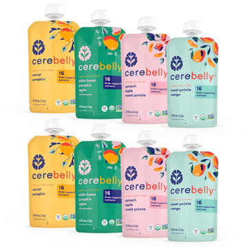 Cerebelly Baby Food Pouches - Organic Veggie Purees Variety Pack (4 oz, Pack of 8) Toddler Snacks - 16 Brain-supporting Nutrients - Healthy Snacks, Gluten-Free, BPA-Free, Non-GMO