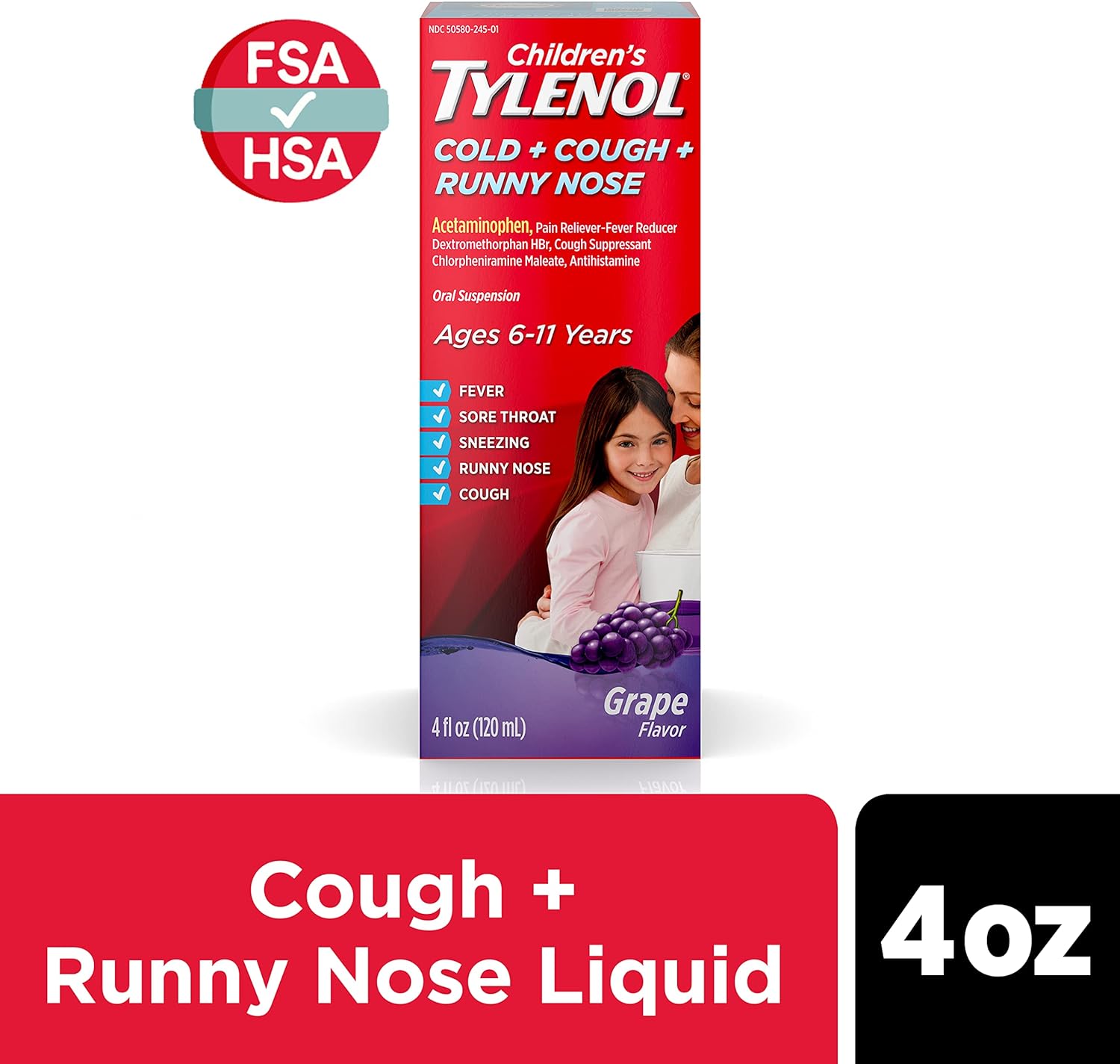 Children's TYLENOL Cold + Cough + Runny Nose Oral Suspension, Grape, 4 Fl. Oz : Health & Household