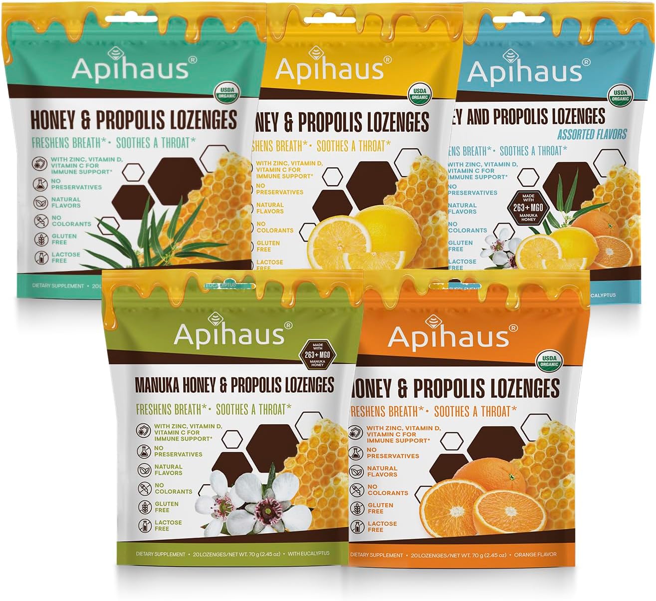Apihaus Honey And Propolis Lozenges With Eucalyptus, Freshens Breath - Soothes A Throat- Immune Support With Vitamin C, Vitamin D And Zinc, 20 Count : Health & Household