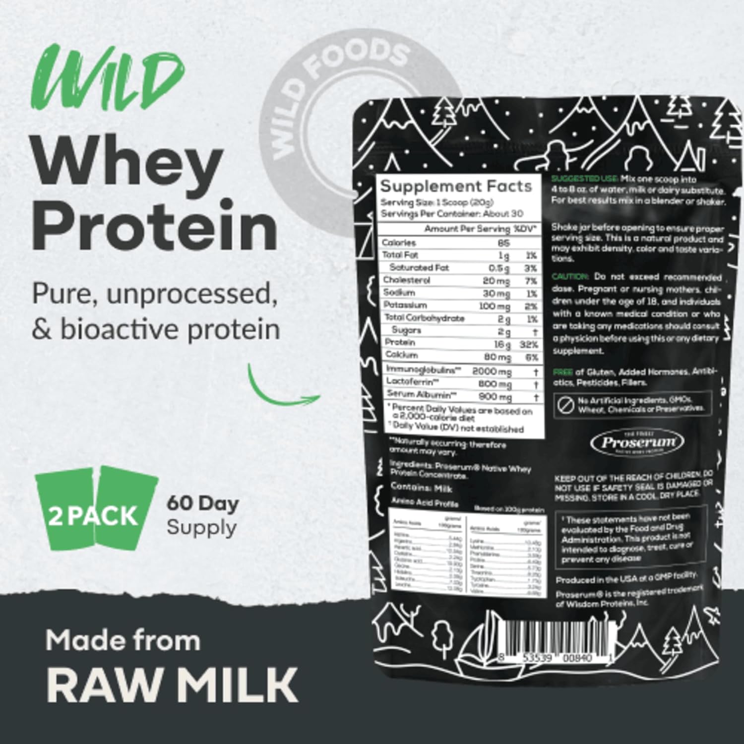 Wild Whey Grass-Fed Protein, Nondenatured Low Carb Cold Process, Gmo-Free, Gluten-Free, Rbgh-Free, Keto, Made In U.S.A, 112 Servings, 1792G Protein, Natural 5 Lb