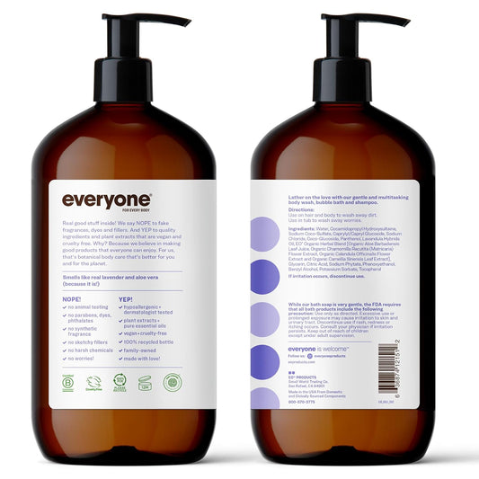 Everyone 3-in-1 Soap, Body Wash, Bubble Bath, Shampoo, 32 Ounce (Pack of 2), Lavender and Aloe, Coconut Cleanser with Plant Extracts and Pure Essential Oils
