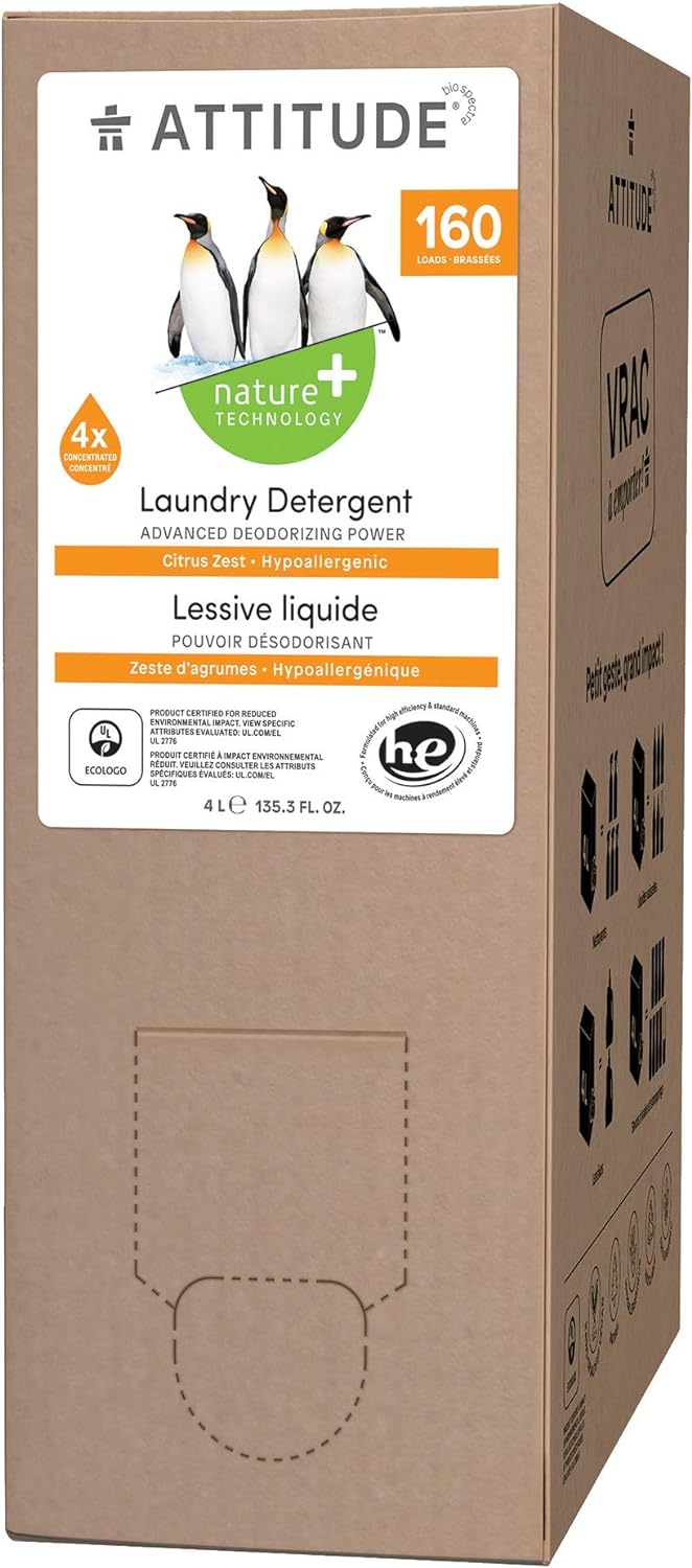 ATTITUDE Liquid Laundry Detergent, EWG Verified Laundry Soap, HE Compatible, Vegan and Plant Based Products, Cruelty-Free, Citrus Zest, Bulk Refill, 160 Loads, 135.26 Fl Oz
