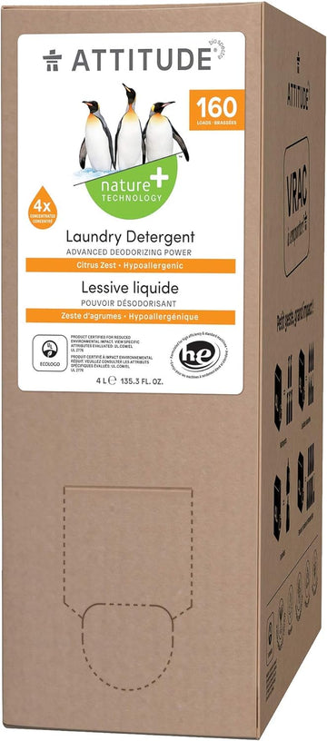 ATTITUDE Liquid Laundry Detergent, EWG Verified Laundry Soap, HE Compatible, Vegan and Plant Based Products, Cruelty-Free, Citrus Zest, Bulk Refill, 160 Loads, 135.26 Fl Oz