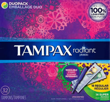 Tampax Radiant Tampons, Regular/Super Absorbency DuoPack, Unscented, 28 Count