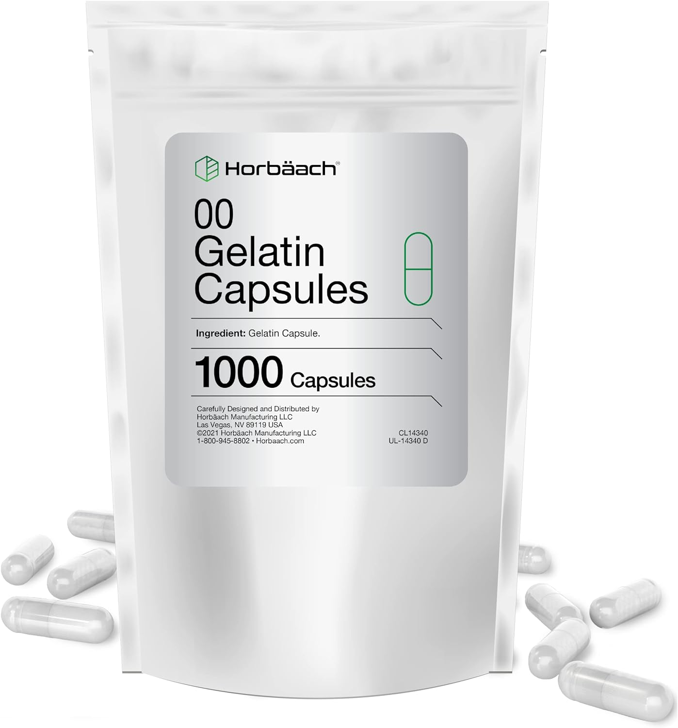 Horbäach Empty Pill Capsules Size 00 | 1000 Clear Gelatin Capsules | Resealable Bag | Non-GMO, Gluten Free