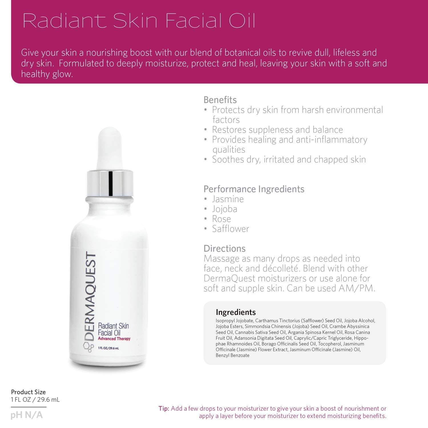 Dermaquest Advanced Therapy Radiant Skin Facial Oil For Dry, Irritated & Chapped Skin - Botanical Blend Of Jasmine, Jojoba, Rose, Argan, & Safflower Oils (1Oz) : Beauty & Personal Care