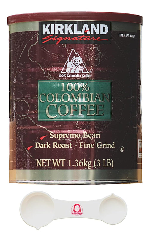 Kirkland Signature 100% Colombian Dark Roast Coffee Bundle (3 lbs) with Bonus Sophley Measuring Spoon - Rich Flavor and Convenient Brewing!