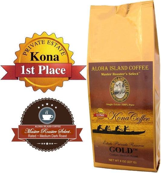 100% Pure Kona Coffee, Aloha Island Brand GOLD Medium Roast, Smooth, Low Acid Pure Kona in a Full-Bodied, Well-Rounded Roast Profile, Whole Bean