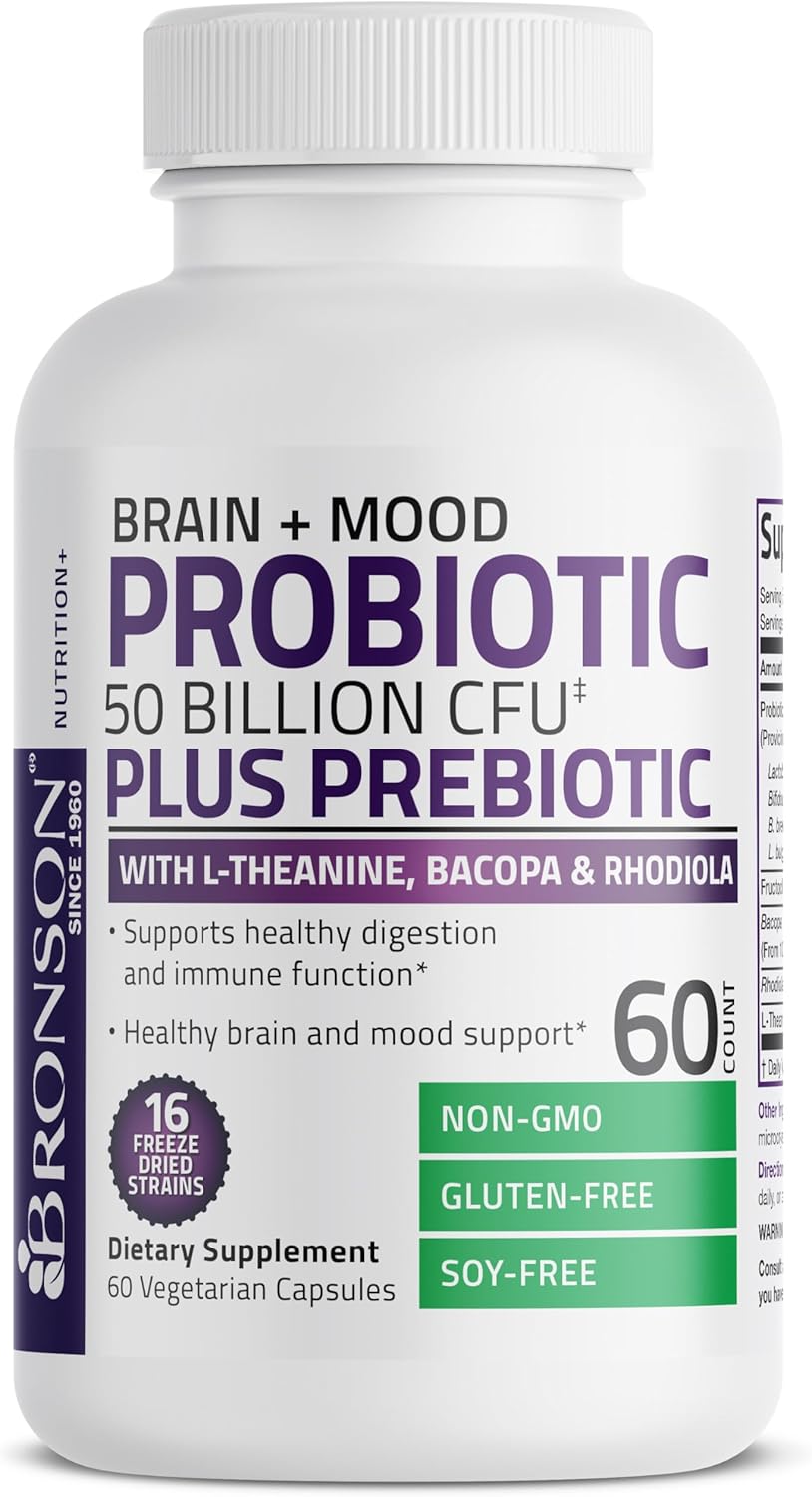 Bronson Brain + Mood Probiotic 50 Billion CFU Plus Prebiotic with L-Theanine, Bacopa and Rhodiola Non-GMO, 60 Vegetarian Capsules