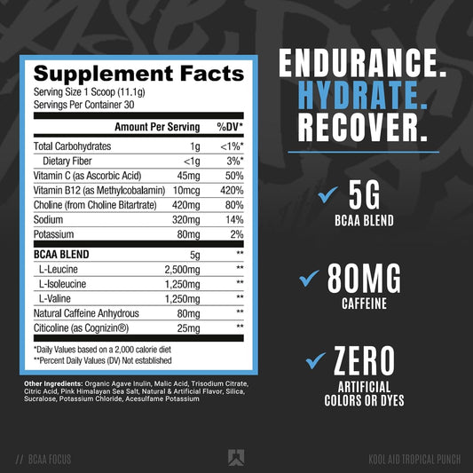 Ryse Element Series Bcaa Focus | Hydrate, Focus, Recover | Designed For Versatility | With Bcaas, Caffeine, & Electrolytes | 30 Servings (Tropical Punch)