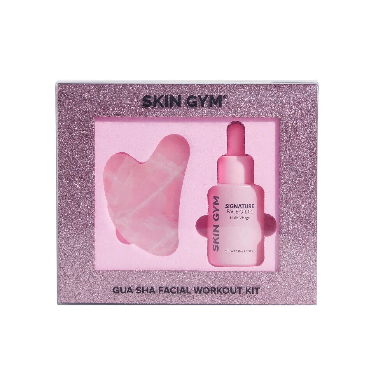 Skin Gym Rose Quartz Gua Sha & Signature Oil Kit | Holiday Radiance Boosting Duo | Facial Contouring & Skin Rejuvenation | All-In-One Exfoliating, Smoothing & Moisturizing Face Oil | Am/Pm Compatible