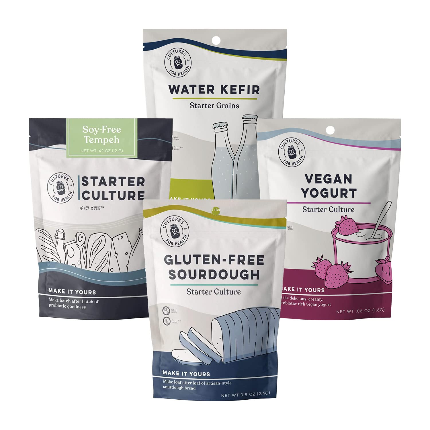Cultures For Health "Worry Free" Bundle | Starters For Gluten Free Sourdough, Vegan Yogurt, Water Kefir, & Soy Free Tempeh | Alternatives For Dietary Needs | Diy Gift Set For Healthy Lifestyle