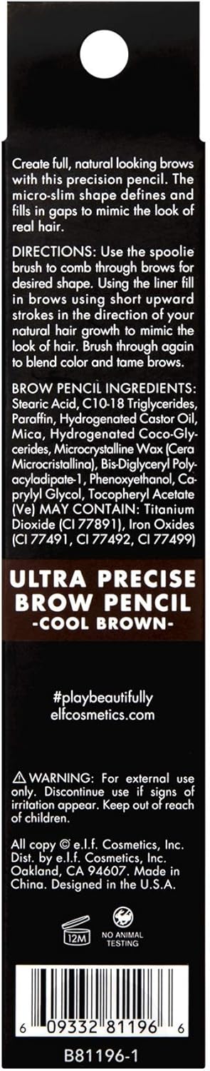 E.L.F. Ultra Precise Brow Pencil, Creamy, Micro-Slim, Precise, Defines, Creates Full, Natural-Looking Brows, Tames And Combs Brow Hair, Cool Brown 0.05G