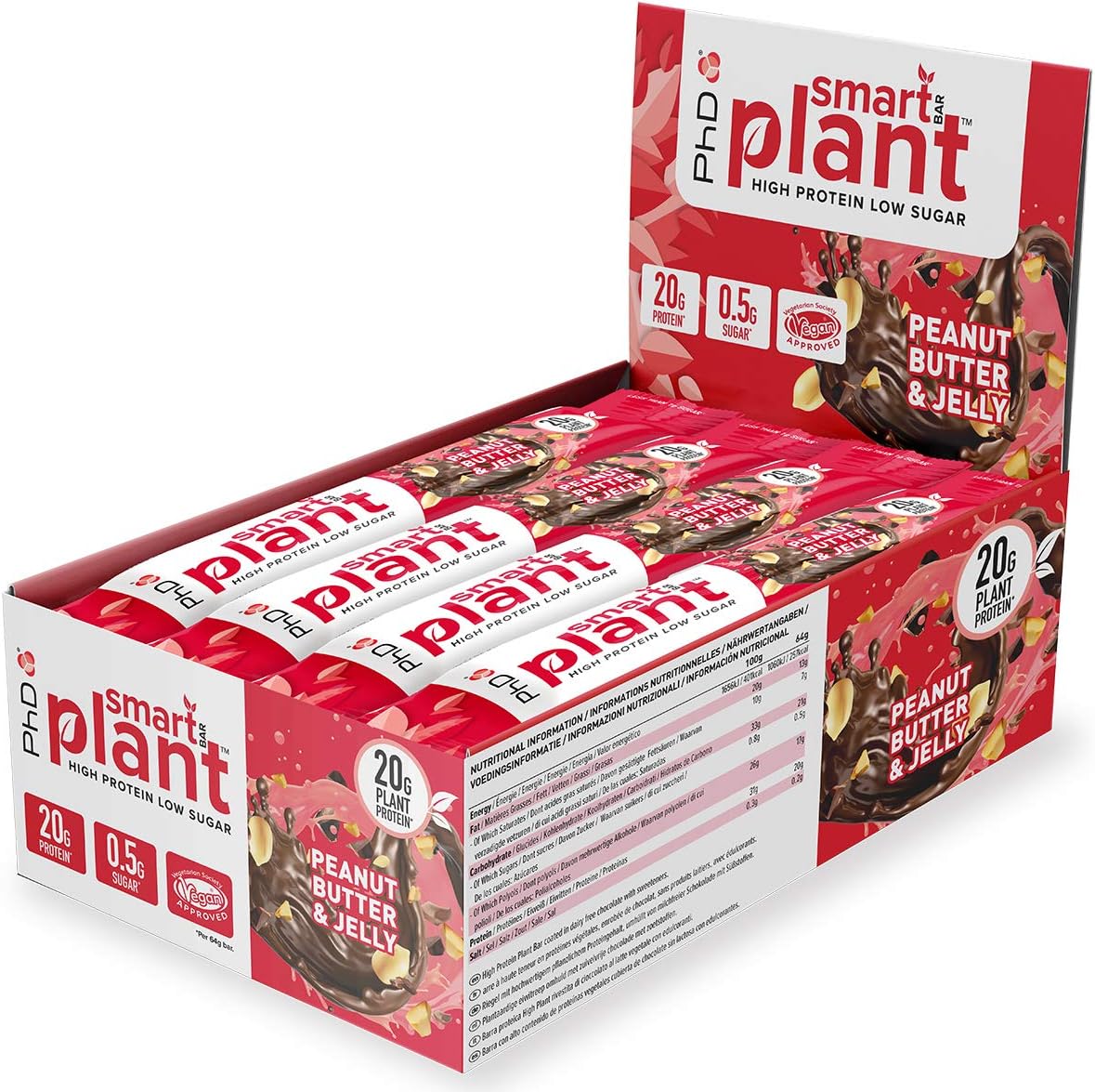 Phd Nutrition Smart Plant Bar Low Calorie, High Protein Low Sugar Vegan Protein Bar/Protein Snacks, Peanut Butter And Jelly Flavour, 20G Of Plant Protein, 64G Bar (12 Pack)