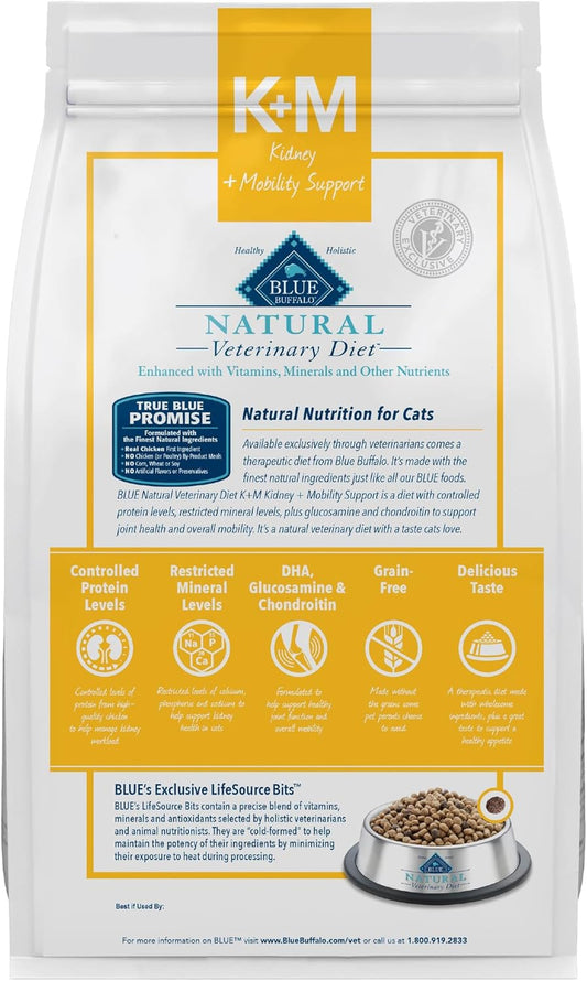 Blue Buffalo Natural Veterinary Diet K+M Dry Cat Food, Kidney + Mobilty Support Formula, Veterinarian Prescription Required, Chicken, 7-Lb. Bag