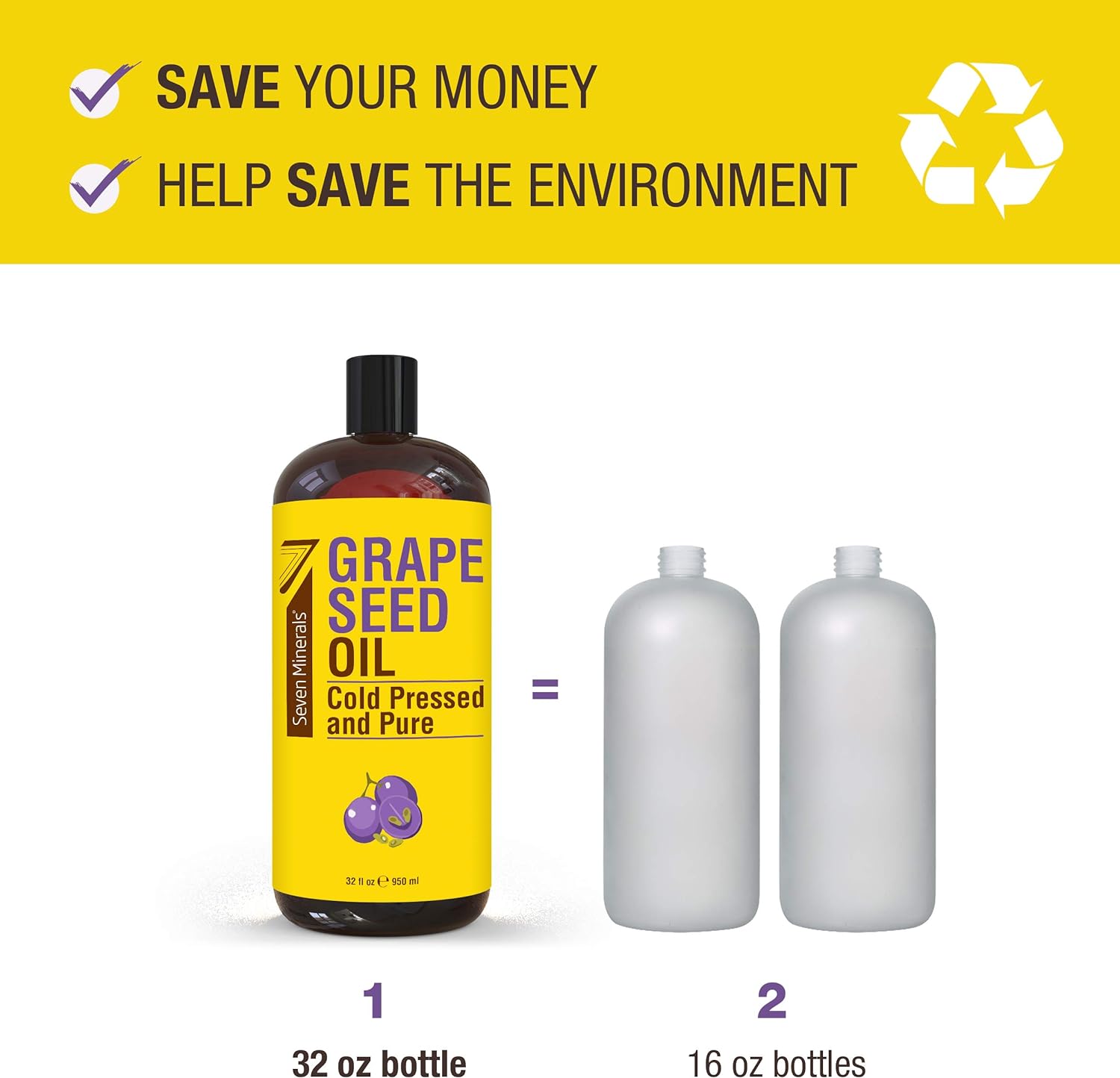 Pure Cold Pressed Grapeseed Oil - Big 32 fl oz Bottle - Non-GMO, Hexane Free, Natural & Lightweight Grape Seed Oil for All Skin Types and Hair - Perfect Carrier Oil for Massage Therapy & Aromatherapy : Health & Household