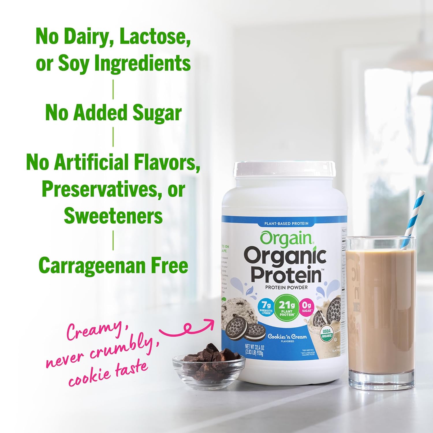 Orgain Organic Vegan Protein Powder, Cookies & Cream - 21g Plant Based Protein, 7g Prebiotic Fiber, Low Net Carb, No Lactose Ingredients, No Added Sugar, Non-GMO, For Shakes & Smoothies, 2.03 lb : Health & Household