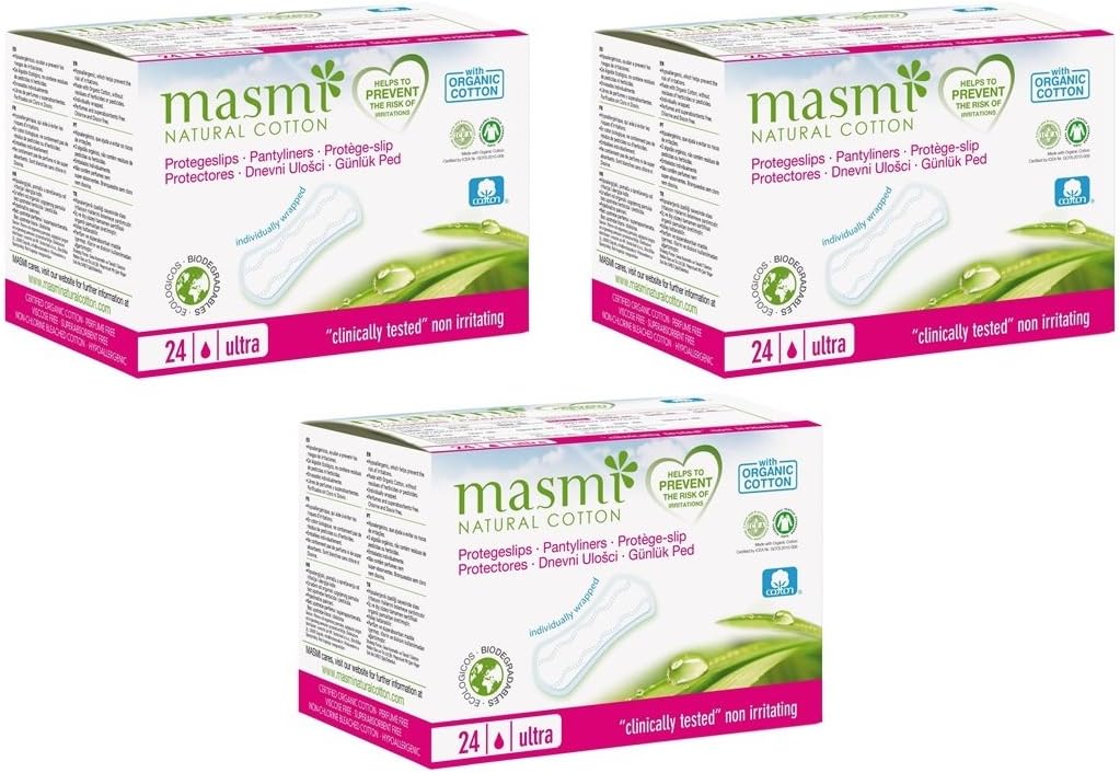 Masmi Ultra Thin Panty Liners Organic Cotton Certified, Individually Wrapped Hypoallergenic, Biodegradable, Perfume, Chlorine And Dioxin Free… (Triple Pack)