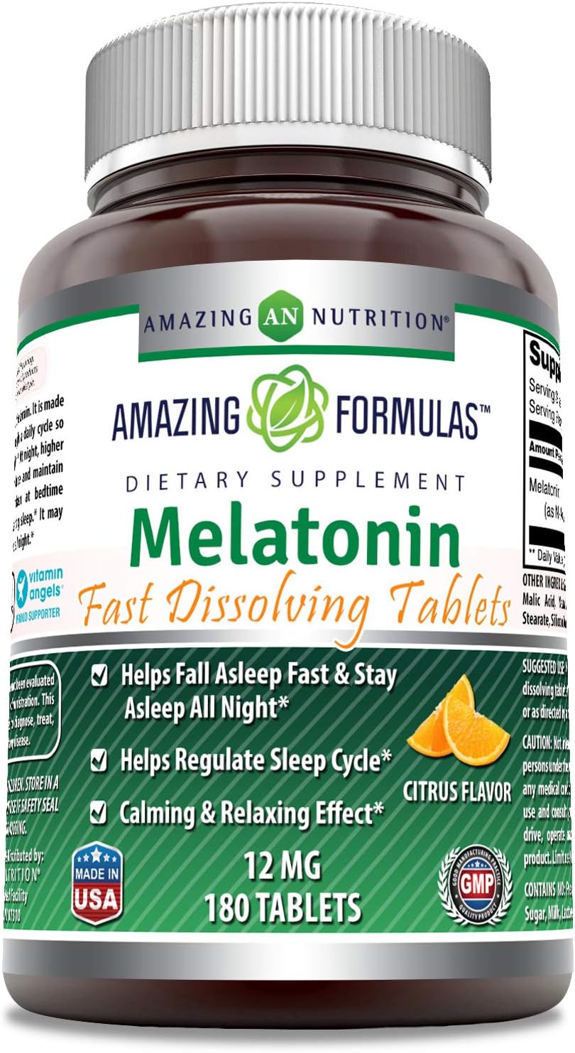 Amazing Formulas Melatonin 12 Mg 180 Tablets - Helps Fall Asleep Fast, Regulate Sleep Cycle - Calming & Relaxing Effect -Non-GMO - Gluten-Free (180 Count (Citrus avor))