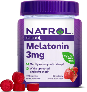 Natrol Melatonin 3 mg, Dietary Supplement for Restful Sleep, Sleep Gummies for Adults, 70 Strawberry-Flavored Melatonin Gummies, 70 Day Supply