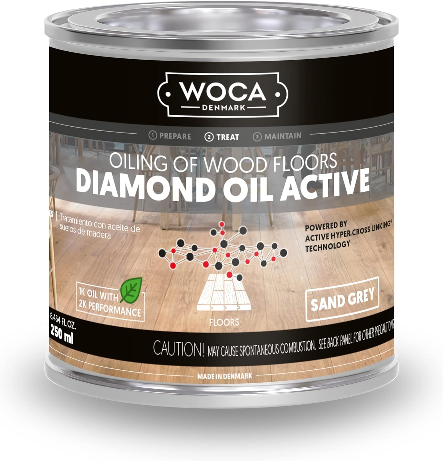 WOCA Denmark Diamond Oil Active, Sand Grey |250 ml| Wood Finish - Low VOC Plant Based Penetrating Wood Oil for Untreated, New, or Newly-Sanded Wooden Surfaces