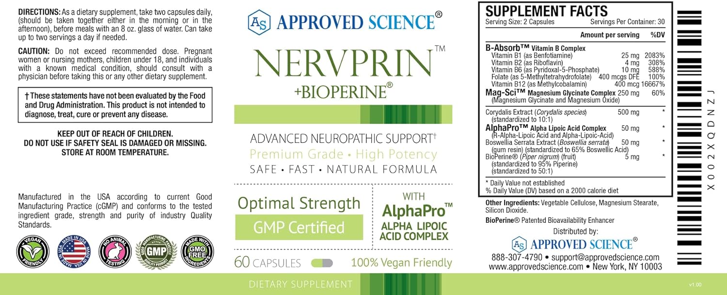 Approved Science Nervprin - Nerve Support - Benfotiamine, B12, R-Alpha-Lipoic Acid, Corydalis, Boswellia, BioPerine - 60 Capsules - Made in The USA : Health & Household