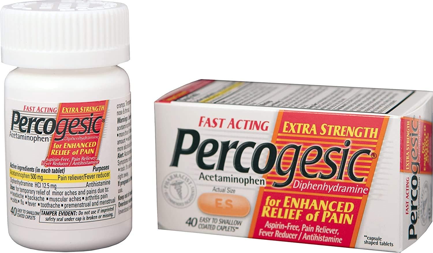 Percogesic Extra Strength Pain Relief | Aspirin Free Dual Action Relief | 40 Coated Caplets (6 Pack)