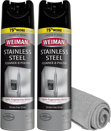 Weiman Stainless Steel Cleaner & Polish Streak-Free Shine - For Refrigerators, Oven, Dishwasher, Stove - 2 Pack Aerosol Spray with Microfiber Cloth Included