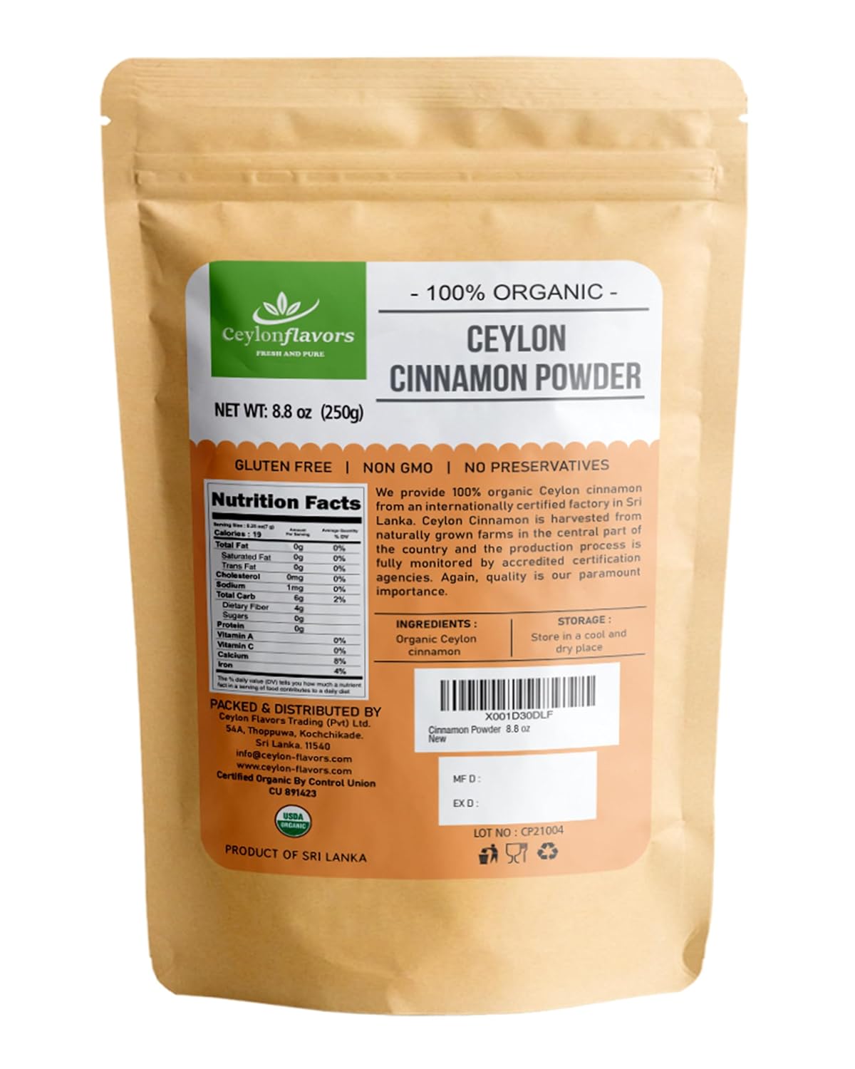 Organic Ceylon Cinnamon Powder Premium Special Grade From A Usda Certified Farm In Sri Lanka 8.8 Oz (250 G)