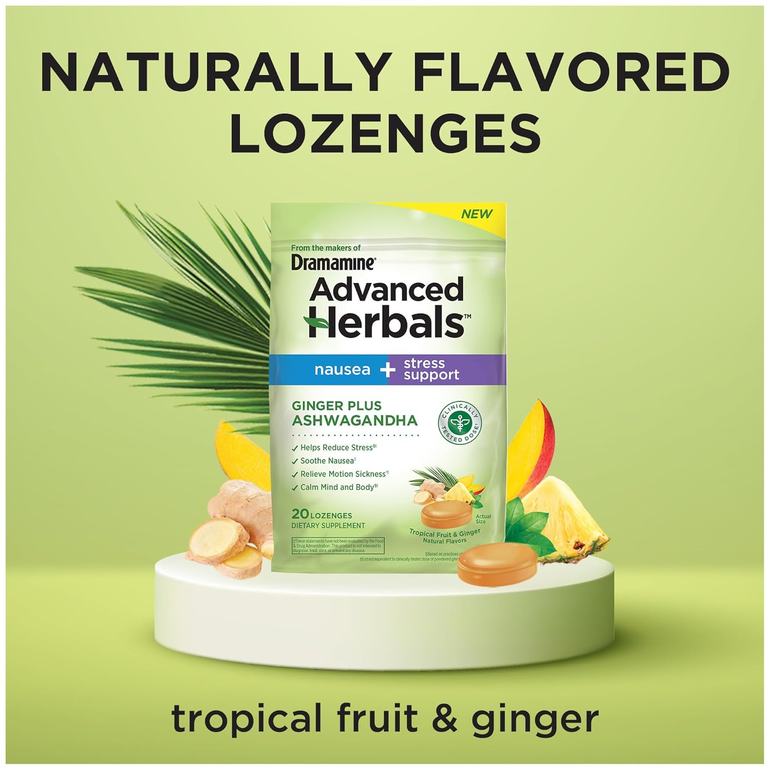 From the Makers of Dramamine, Advanced Herbals, Nausea and Stress Support with Ginger and Ashwagandha, Tropical Fruit and Ginger Flavored Lozenges, 20 Ct : Health & Household