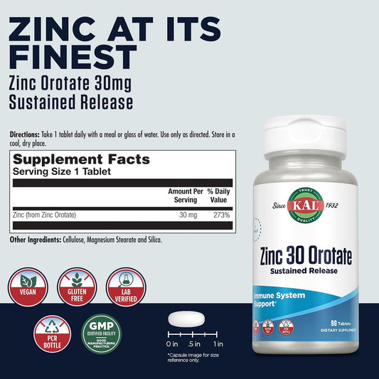 KAL Zinc Orotate 30mg, Sustained Release, Chelated Zinc Tablets, Immun