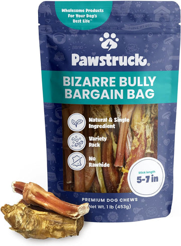Pawstruck Natural Bizarre Bully Sticks Bargain Bag for Dogs & Puppies - Variety Pack of 5-7" Long Lasting Eco-Conscious Beef Chew Treats - 1 lb. Bag - Packaging May Vary