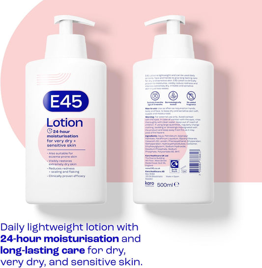 E45 Moisturising Lotion 500 Ml For Dry & Sensitive Skin - Long-Lasting Hydration Protect From Dryness, Reduce Redness - Dermatological Body Moisturiser Lotion - Body Lotion - Daily Moisturiser