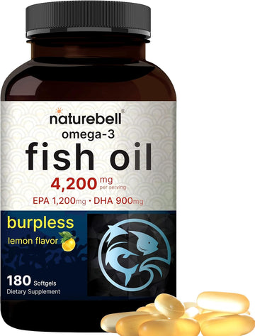 Omega 3 Fish Oil 4,200Mg, 180 Burpless Softgels, Highly Purified Epa 1,200Mg & Dha 900Mg | Lemon Flavored | Premium Wild Caught Fish From Deep Sea – Heart & Brain Support – Mercury Free & Non-Gmo