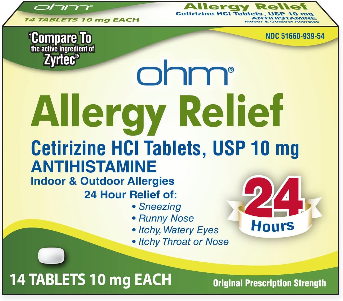 Ohm 24-Hour Allergy Medicine (14-Count) Antihistamine For Pollen, Hay Fever, Dry, Itchy Eyes, Allergies | Cetirizine Hcl 10Mg Tablets
