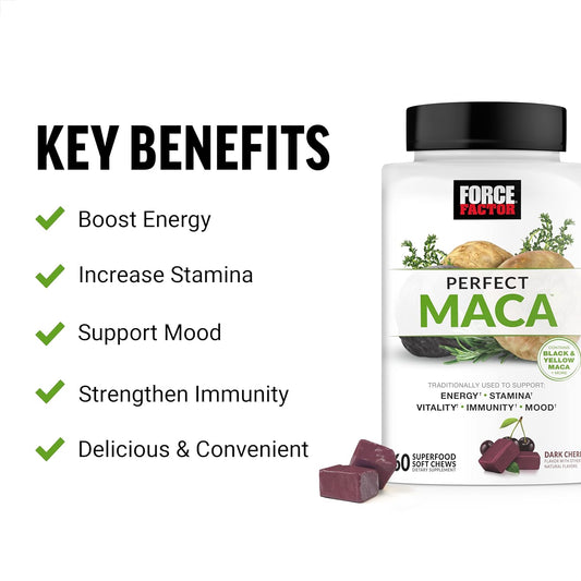 FORCE FACTOR Perfect Maca, Maca Root and DIM Supplement with Saffron to Boost Energy and Mood, with Yellow and Black Maca, Vitamins, Minerals, and Antioxidants, Dark Cherry Flavor, 60 Soft Chews