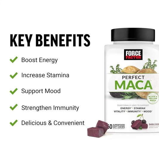 Force Factor Perfect Maca, Maca Root And Dim Supplement With Saffron To Boost Energy And Mood, With Yellow And Black Maca, Vitamins, Minerals, And Antioxidants, Dark Cherry Flavor, 60 Soft Chews