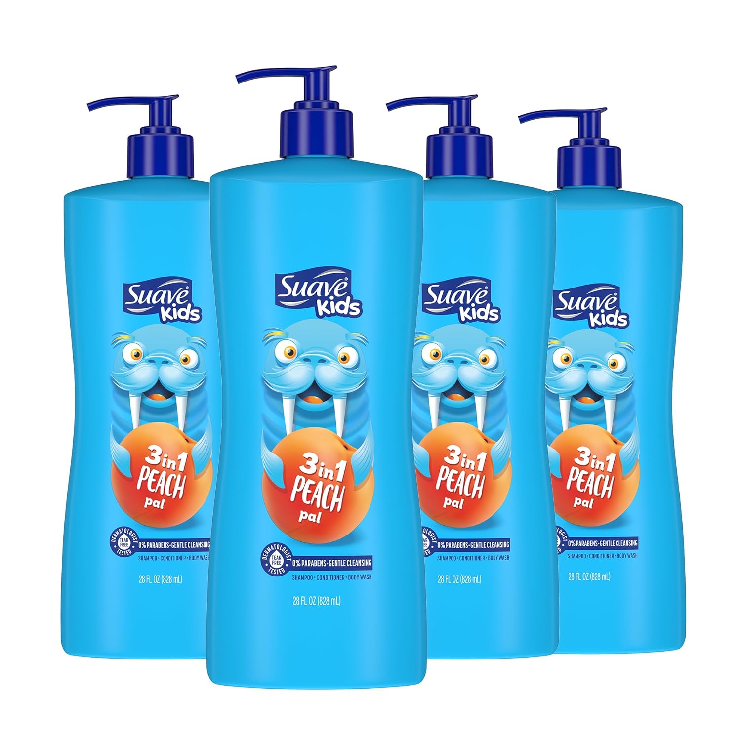 Suave Kids 3-In-1 Tear Free, Body Wash, Shampoo And Conditioners, Dermartologist Tested, Peach Pal, 28 Oz Pack Of 4