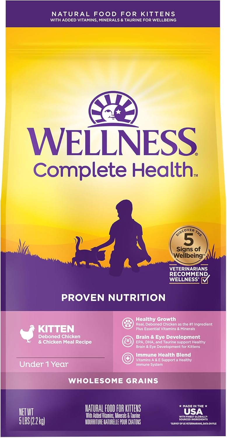 Wellness Complete Health Natural Dry Kitten Food With Wholesome Grains, Made In Usa With Real Meat (Kitten, Chicken Recipe, 5-Pound Bag)