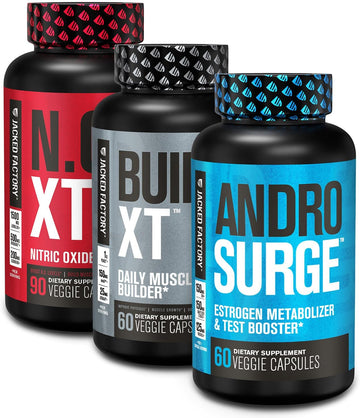 Jacked Factory N.O. Xt Nitric Oxide Supplement, Build-Xt Muscle Builder, & Androsurge Estrogen Blocker For Men