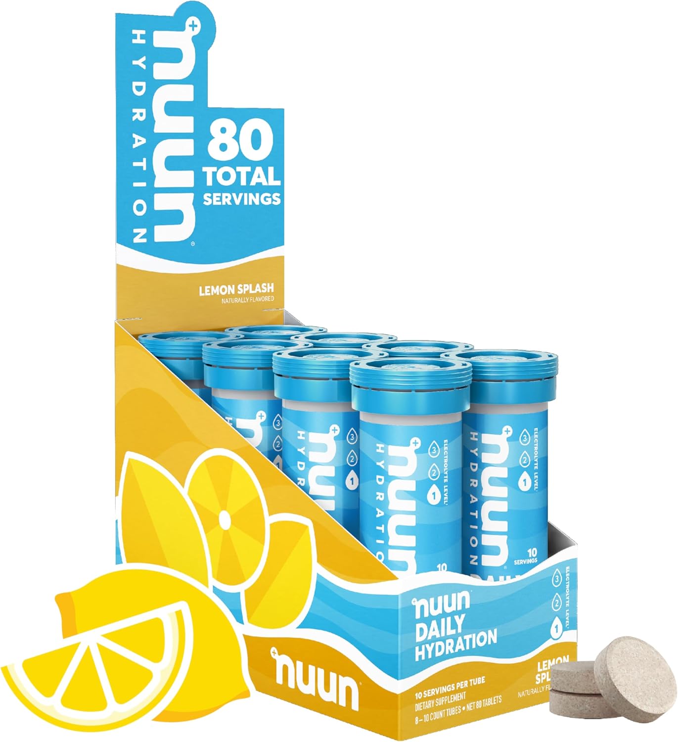 Nuun Hydration Daily, Wellness Electrolyte Tablets, Lemon Splash | No Sugar | 5 Essential Electrolytes For Hydration| Vegan, Gluten Free | 8 Pack (80 Servings)