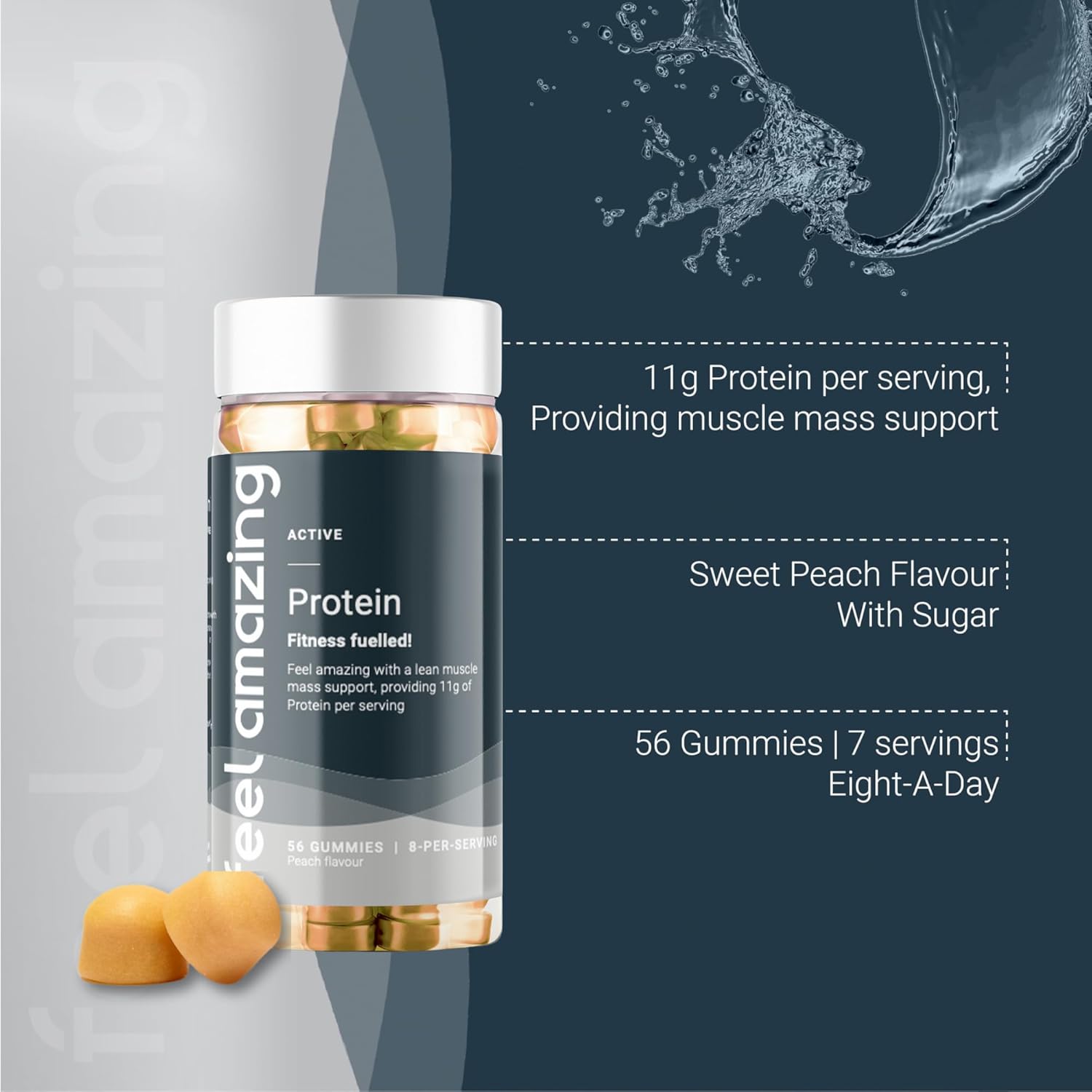 Feel Amazing Protein Gummies, Peach-Flavored Gummies, High-Protein Snacks with 11g of Protein Per Serving, Supports Lean Muscle Mass Growth and Bone Maintenance, Pack of 7 Servings (1) : Amazon.co.uk: Health & Personal Care