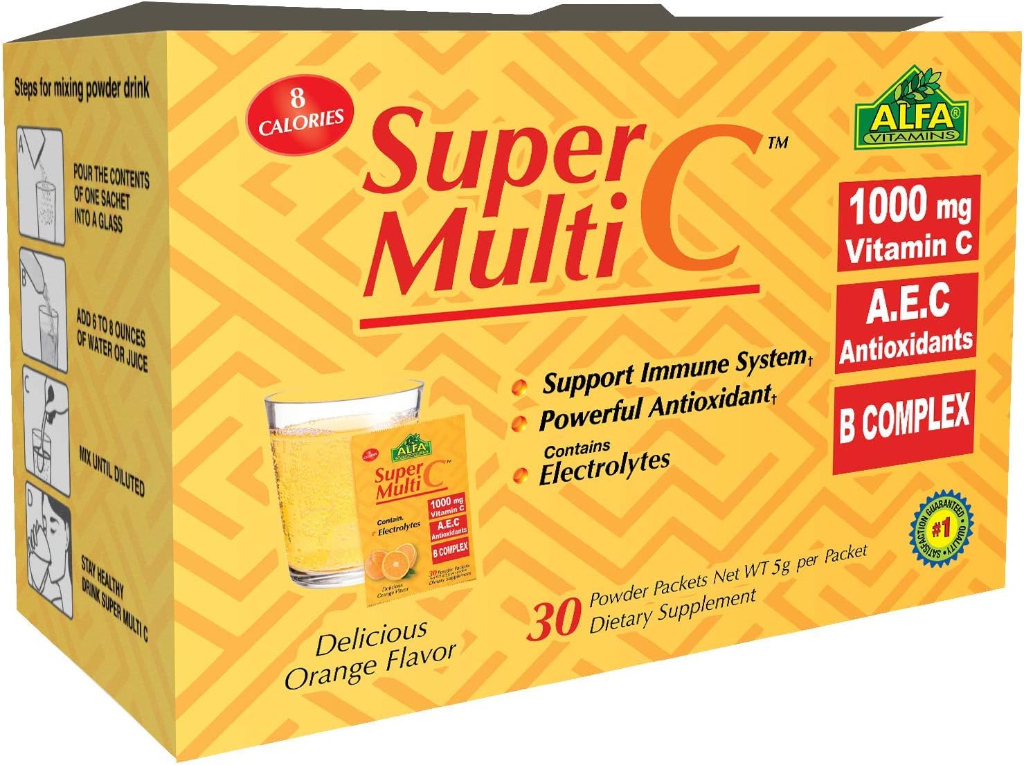 ALFA VITAMINS Super Multi C, Vitamin C Powder and Multivitamin Supplement Premium Quality Source of Nutrients, Minerals, Antioxidants & Electrolytes - 30 Packets