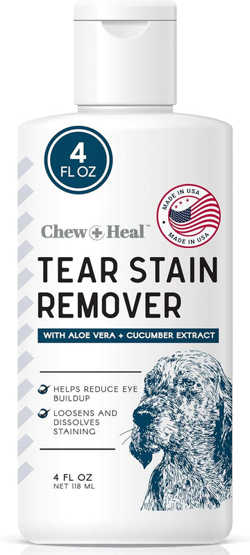 Tear Stain Remover For Dogs - 4 Oz Solution - Dissolves Eye Buildup And Gunk, Reduces Staining - Water Based With Aloe Vera And Cucumber Extract - Chew + Heal