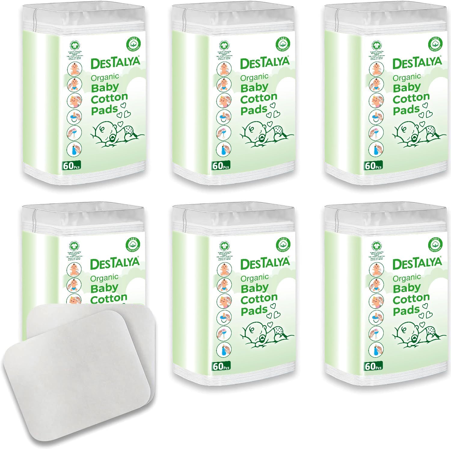 Destalya Baby Cotton Pads For Diaper Change | Large Cotton Squares For Sensitive Skin | Disposable Cleansing Wipes | Soft Washcloths For Personal Care | Makeup Removal (Organic Pads 360)