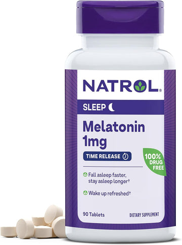 Natrol Melatonin Time Release Sleep Aid Tablets, with Vitamin B-6, Fall Asleep Faster, Stay Asleep Longer, Dietary Supplement, Drug Free, 1mg, 90 Count