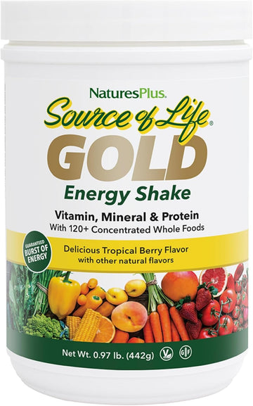 Natures Plus Source Of Life Gold Energy Shake - 0.97 Lb - Tropical Berry Flavor - Vitamin, Mineral & Protein Formula With 120+ Concentrated Whole Foods - Vegetarian & Gluten Free - 13 Servings