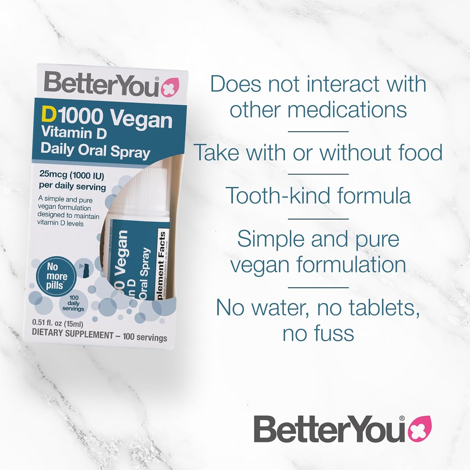 Betteryou D1000 Vegan Vitamin D Oral Spray - Convenient Alternative For Tablets - Plant-Origin - Promotes Strong Bones, Teeth And Immune System - Aid In Calcium Absorption - 100 Daily Doses - 0.5 Oz : Health & Household
